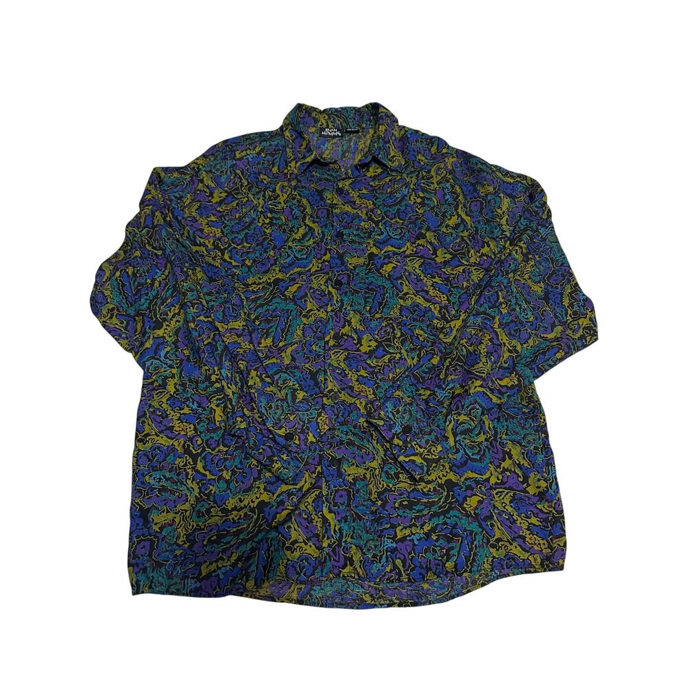 Vtg Bon Homme Men 90s Abstract Psychedelic Print Button Up Shirt Blue Purple S